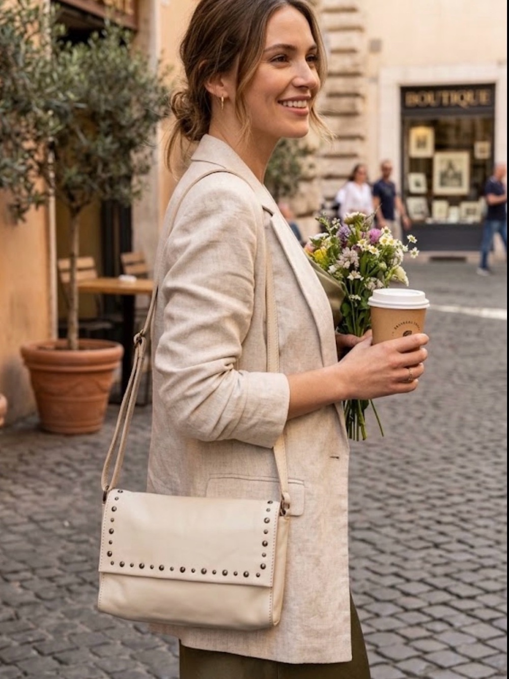 Cream Stud-Trim Shoulder Bag — Elegant Everyday Crossbody